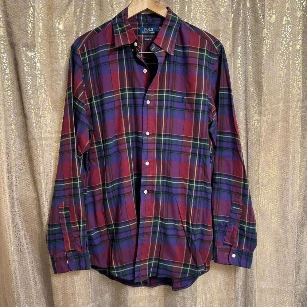 Polo Ralph Lauren Plaid Twill Shirt Classic Fit Maroon Green Large